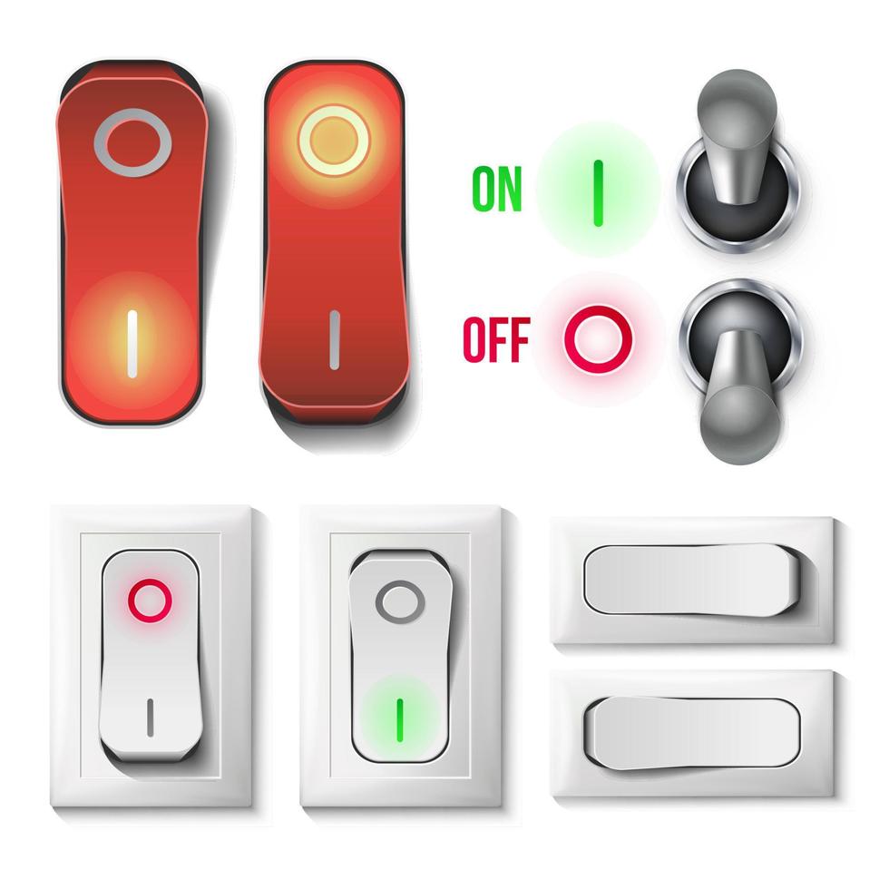 Toggle Switch Set Vector. Plastic And Metal Switches With On, Off Position. Isolated On White Button Illustration. vector