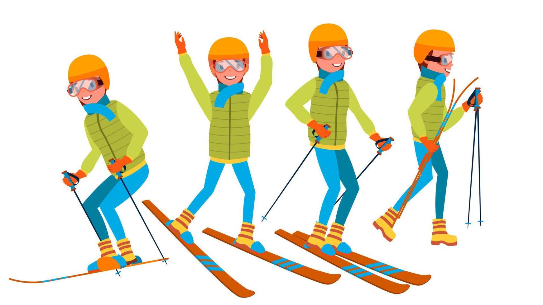 Skiing Male Vector. Holidays. Cross Country Skiing. Playing In Different Poses. Man. Isolated On White Cartoon Character Illustration vector