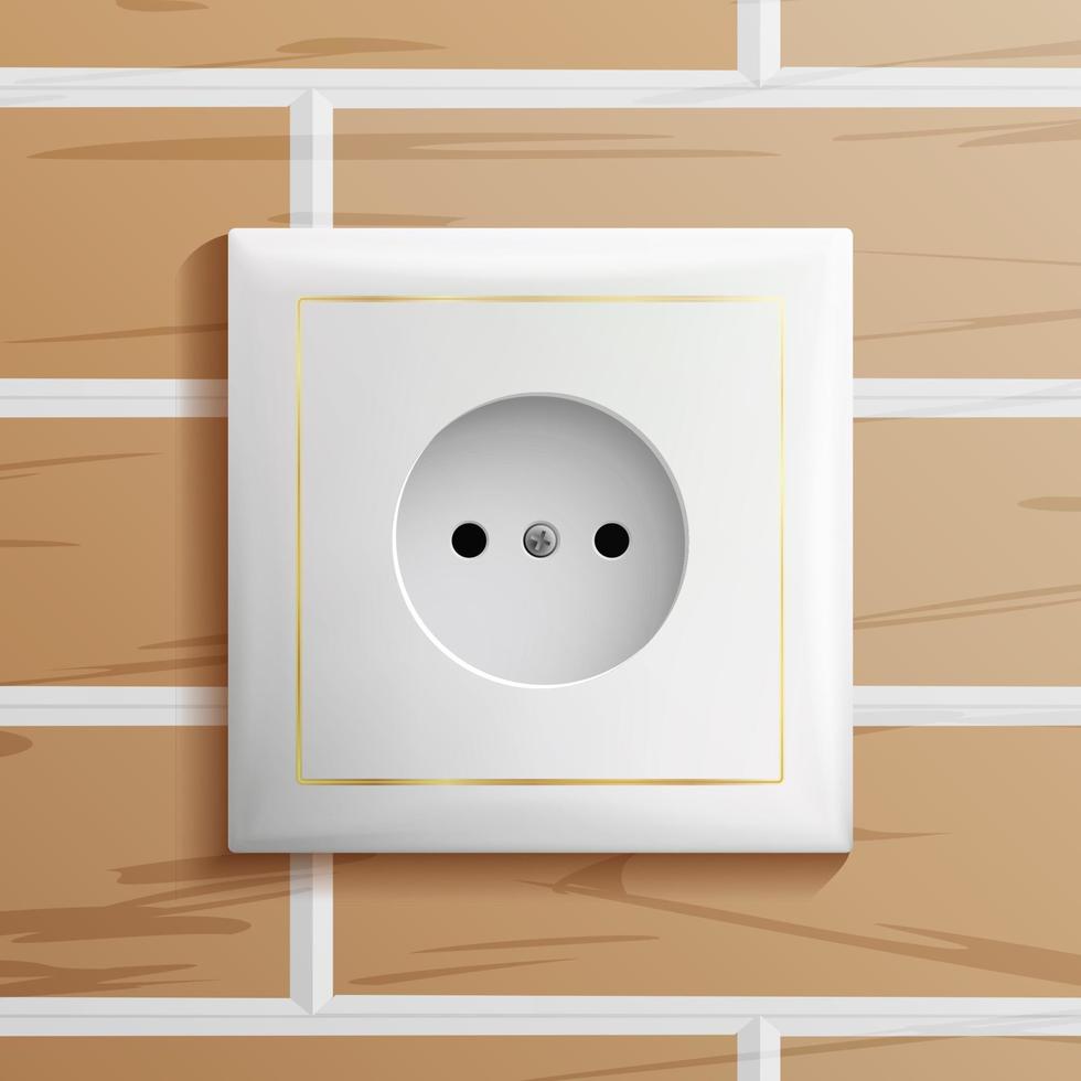 Electric Socket Vector. Modern European Plastic Electrical Outlet. Brick Wall. Realistic Illustration vector