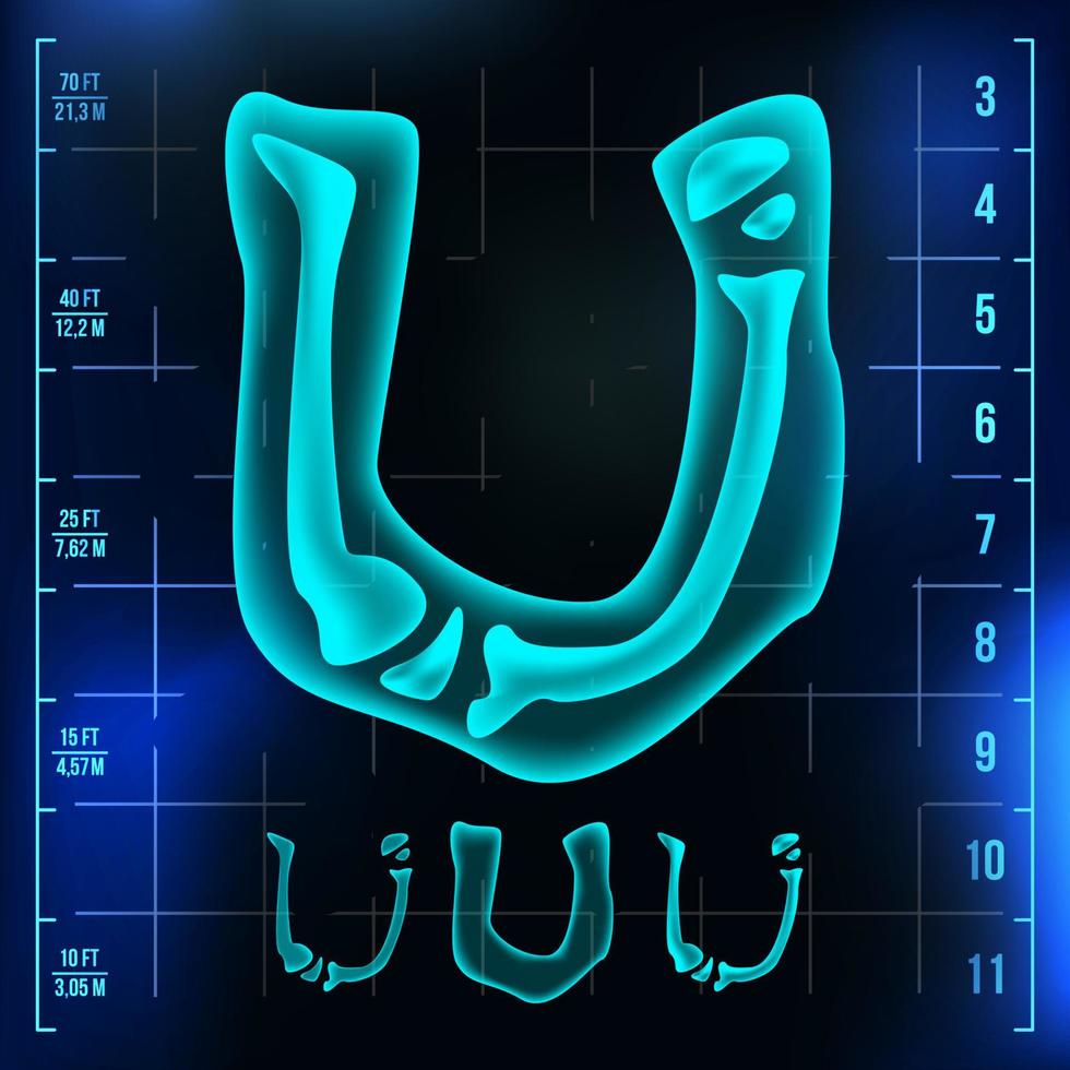 U Letter Vector. Capital Digit. Roentgen X-ray Font Light Sign. Medical Radiology Neon Scan Effect. Alphabet. 3D Blue Light Digit With Bone. Medical, Hospital, Futuristic, Horror Style. Illustration vector