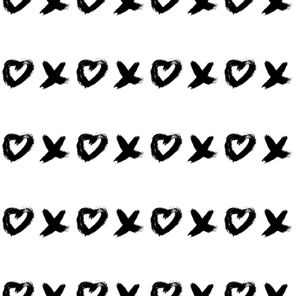 Seamless pattern XOXO with hearts on white background. Hugs and kisses abbreviation symbol. Grunge hand written brush lettering XO. Easy to edit template for Valentines day. Vector illustration.