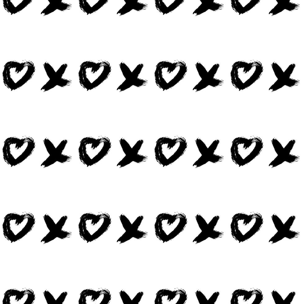 Seamless pattern XOXO with hearts on white background. Hugs and kisses abbreviation symbol. Grunge hand written brush lettering XO. Easy to edit template for Valentines day. Vector illustration.