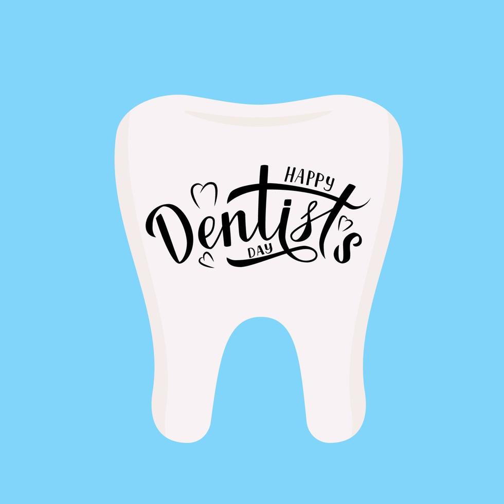 Happy Dentist s Day written on tooth. Calligraphy hand lettering. Easy to edit template for dentist day greeting card, dental clinic banner, logo, flyer, etc. Typography poster vector illustration.