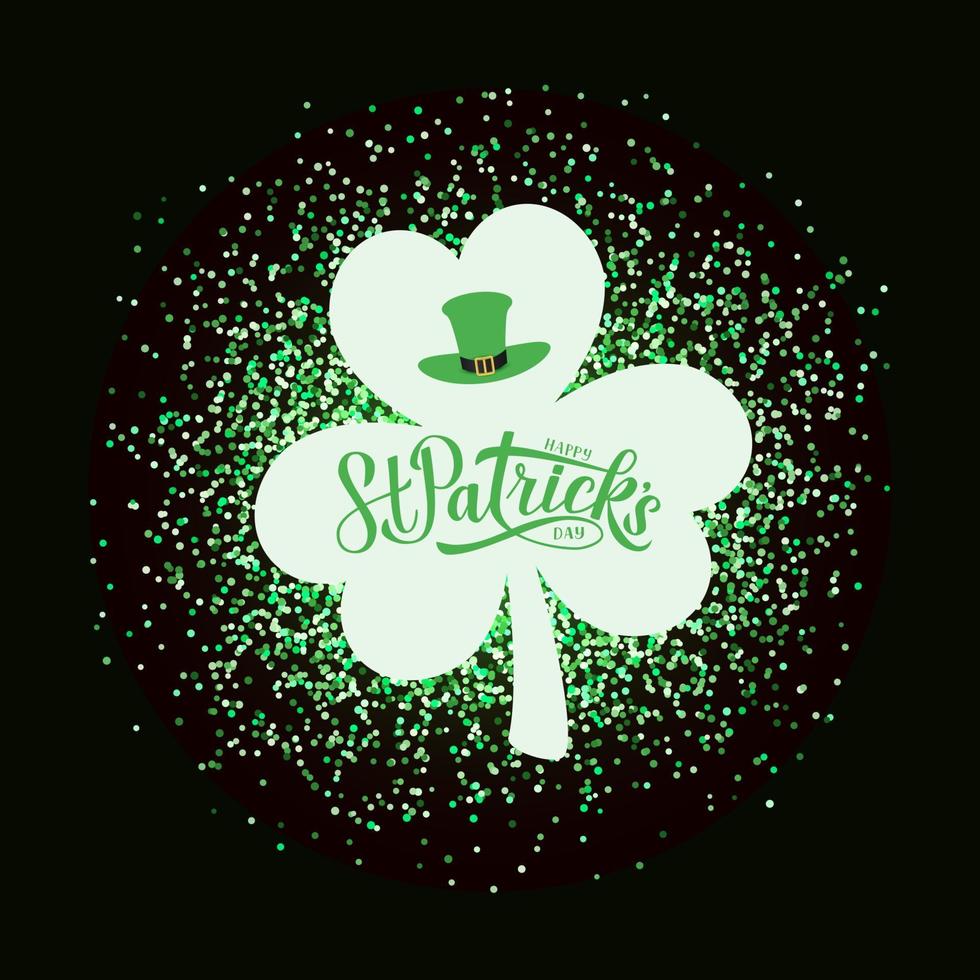 Happy St. Patricks day calligraphy hand lettering and shamrock clover on green glitter confetti background.  Saint Patricks day greeting card. Vector template for party invitation, banner, poster.