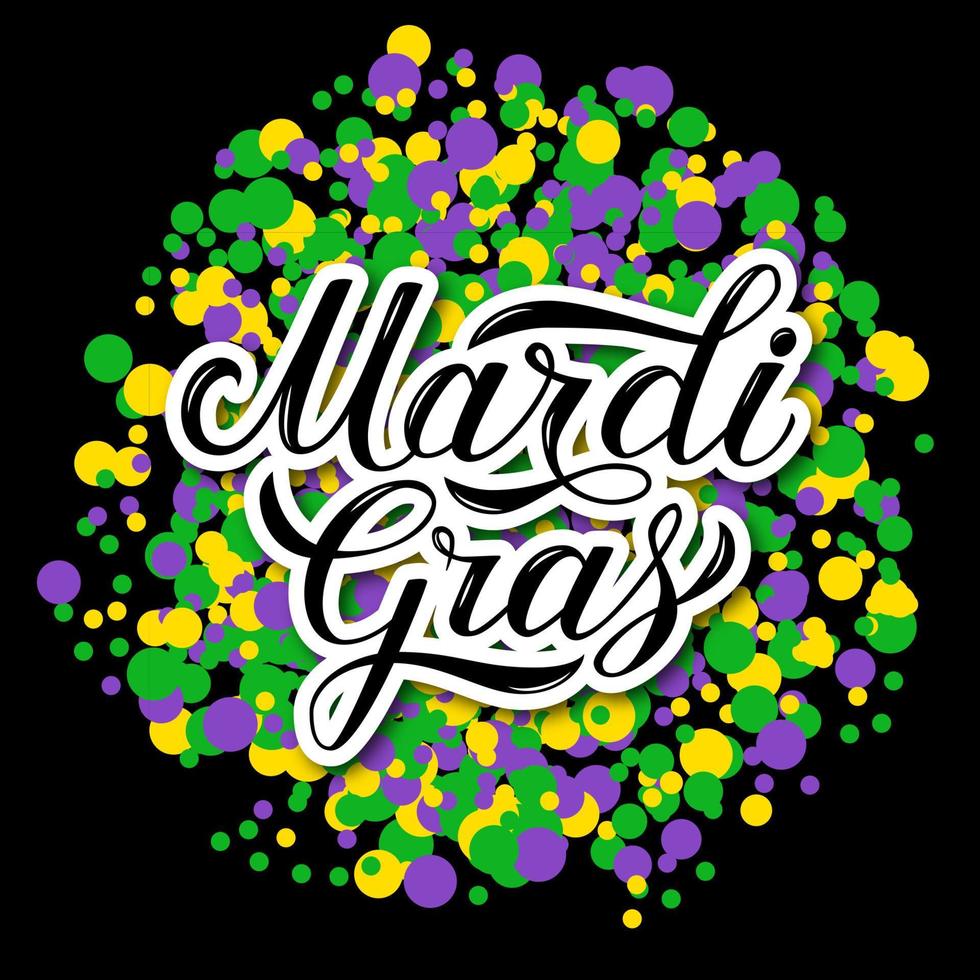 Mardi Gras hand lettering on colorful confetti background. Traditional carnival in New Orleans. Fat or Shrove Tuesday celebration poster. Vector template for banner, flyer, party invitation.