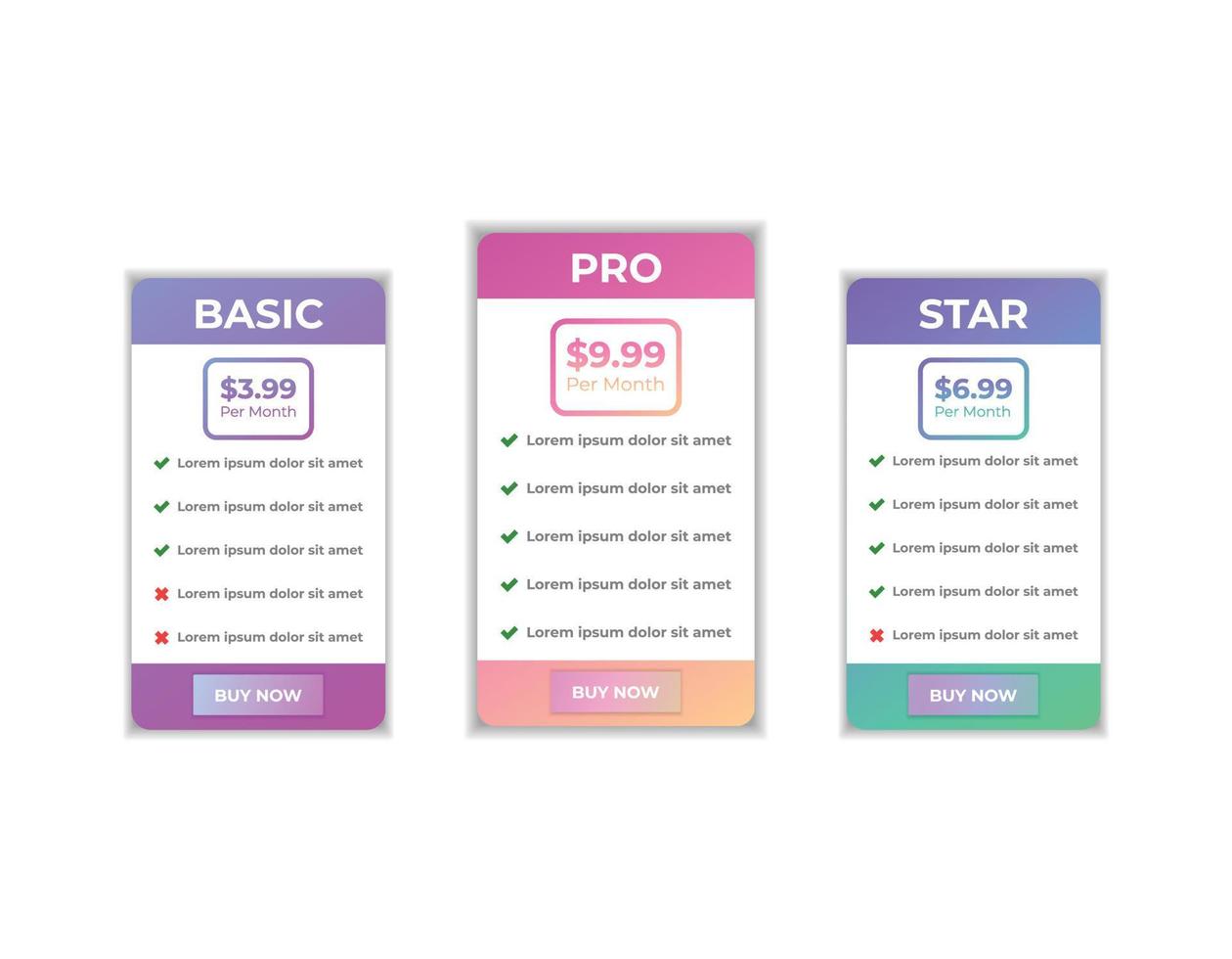 Modern gradient web pricing table comparison chart design template vector