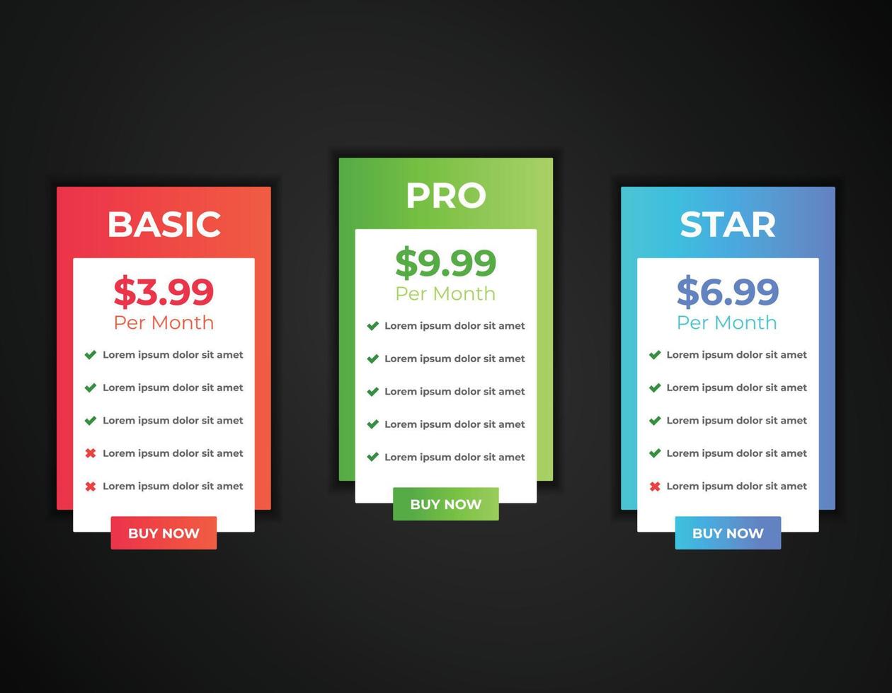 Modern gradient web pricing table comparison chart design template vector