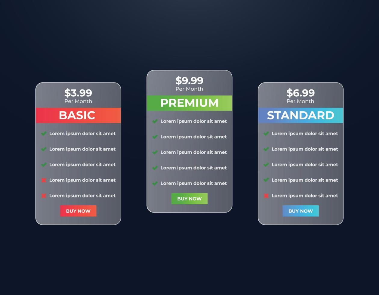 Modern glass morphism web pricing table comparison chart UI design template vector