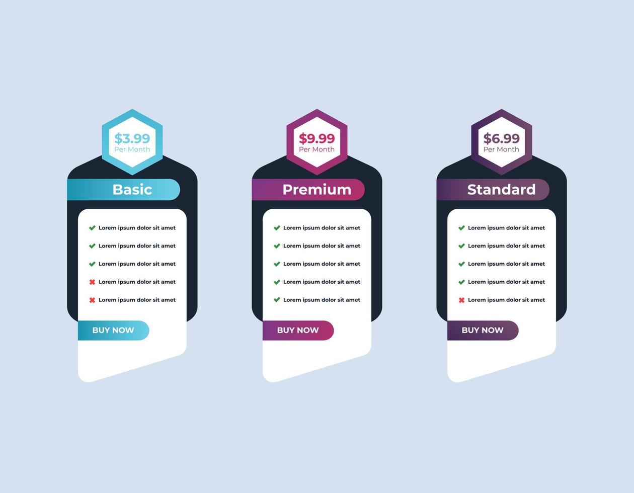 Modern gradient web pricing table comparison chart design template vector