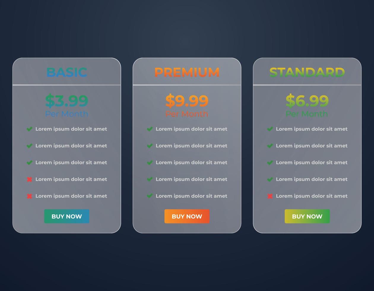 Modern glass morphism web pricing table comparison chart UI design template vector