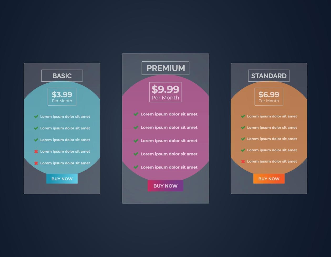 Modern glass morphism web pricing table comparison chart UI design template vector