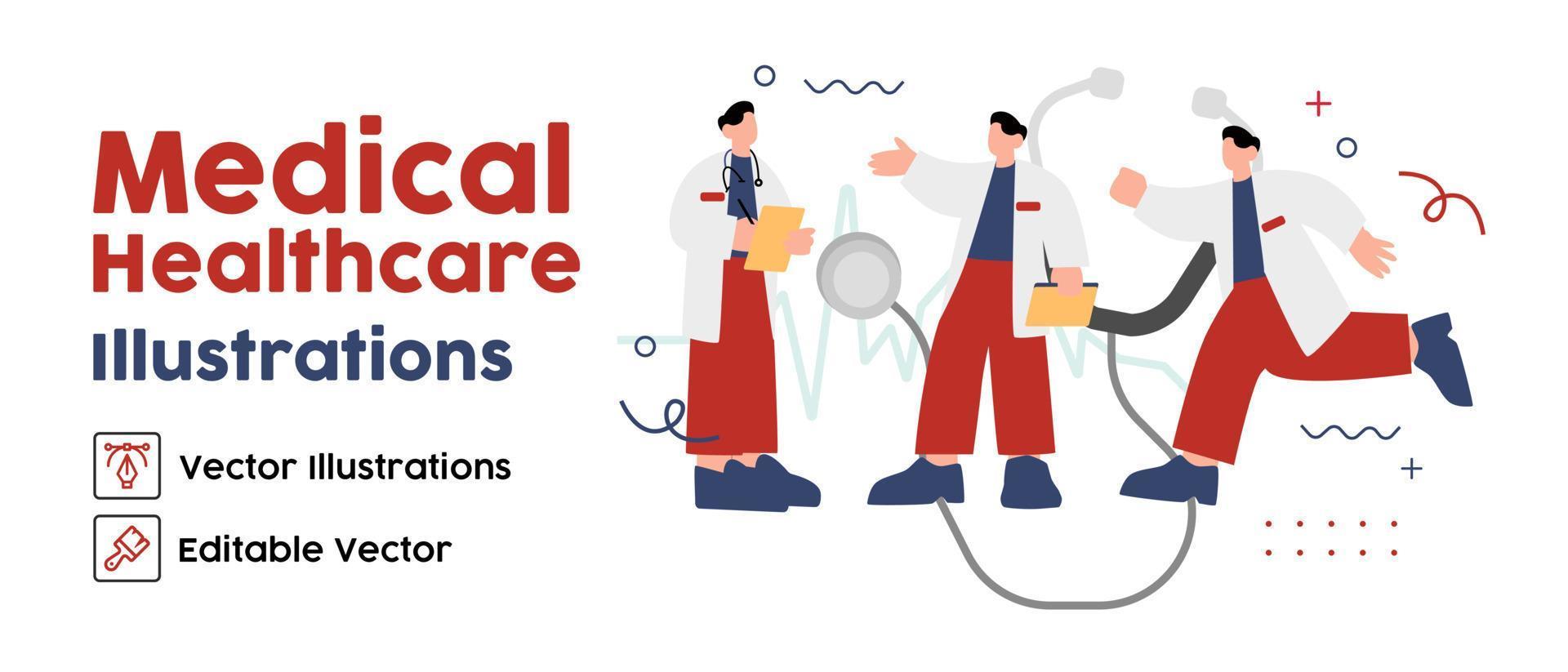 Medical Doctor and stethoscope concept banner with characters. Can use for web banner, infographics, hero images. Flat isometric vector illustration.