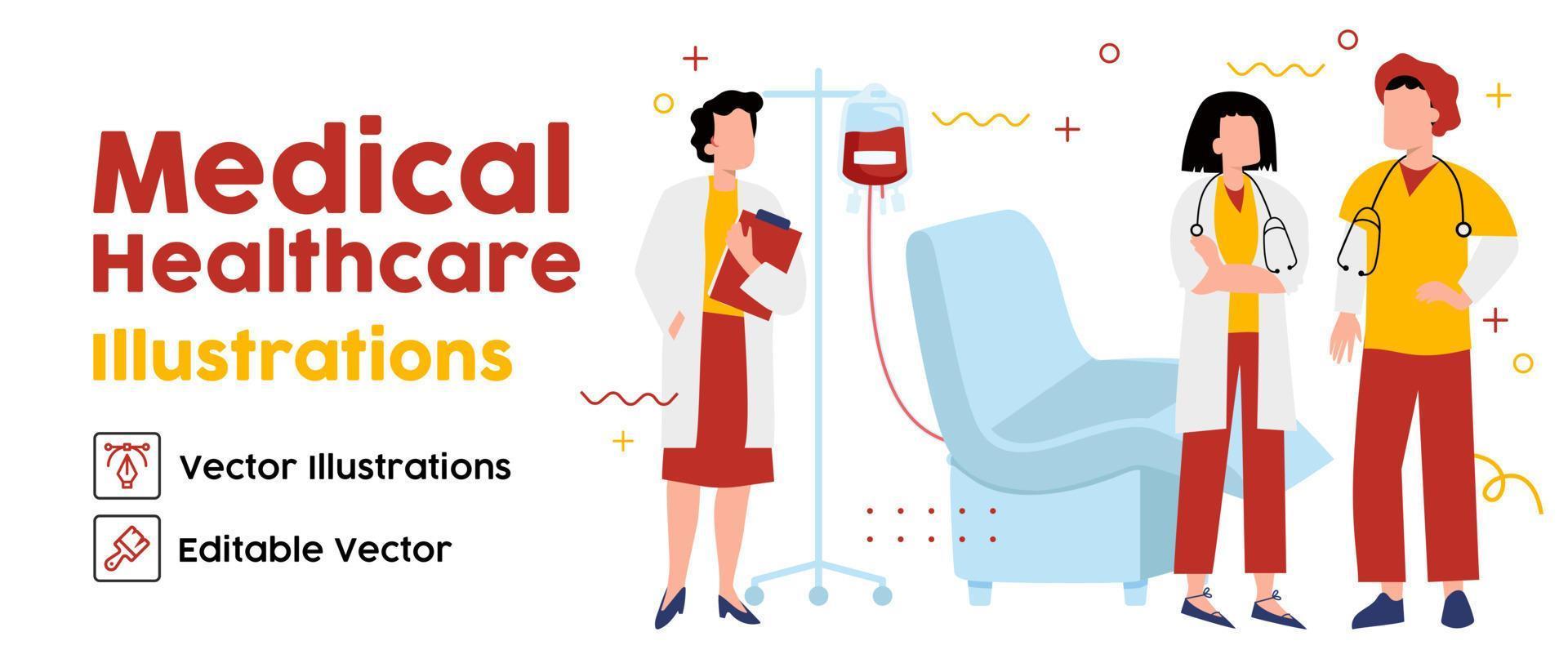 Doctor check patient health condition. Doctors treating the patient, Hospitalization of the patient. Doctor's visit to ward of patient lying in a medical bed. Vector illustration in a flat style