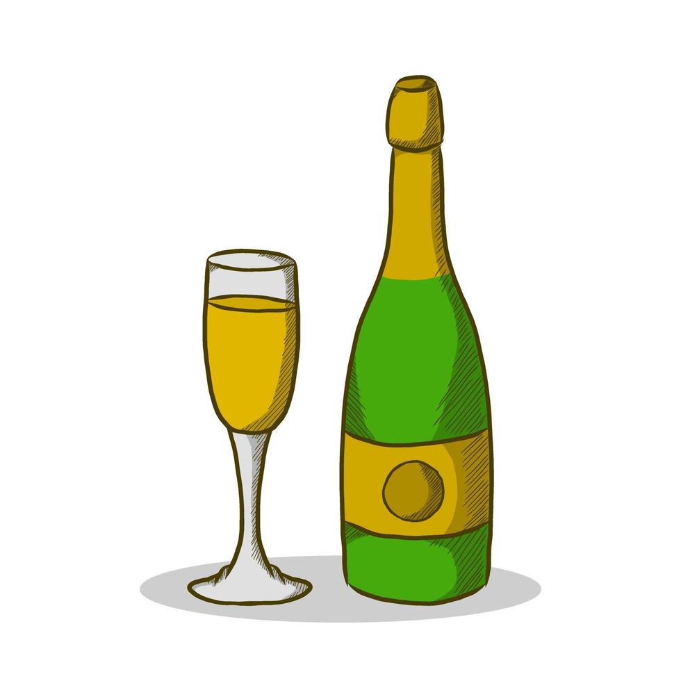 botella de cerveza y logo de vidrio dibujado a mano vector conceptual. concepto de logotipo de icono de fiesta de alcohol de bebida de champán