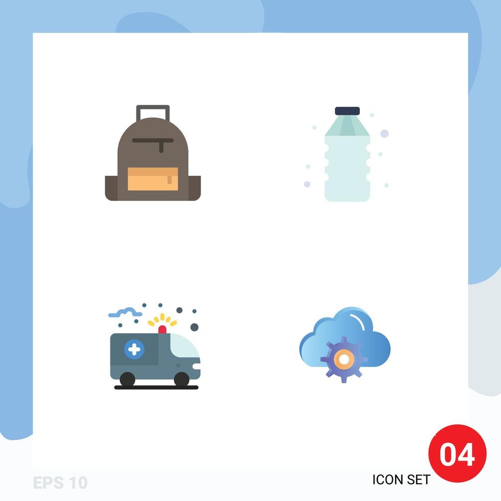 conjunto de 4 iconos planos comerciales para mochila ambulancia caminata bebida salud elementos de diseño vectorial editables vector