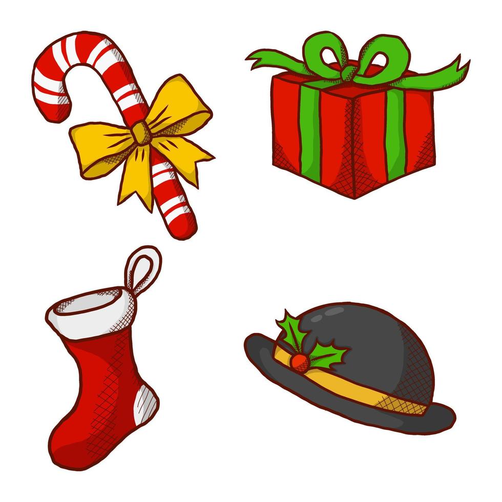 feliz navidad adorno colecciones sombrero y regalo vector dibujado a mano. Ilustraciones de xmas icon symbol