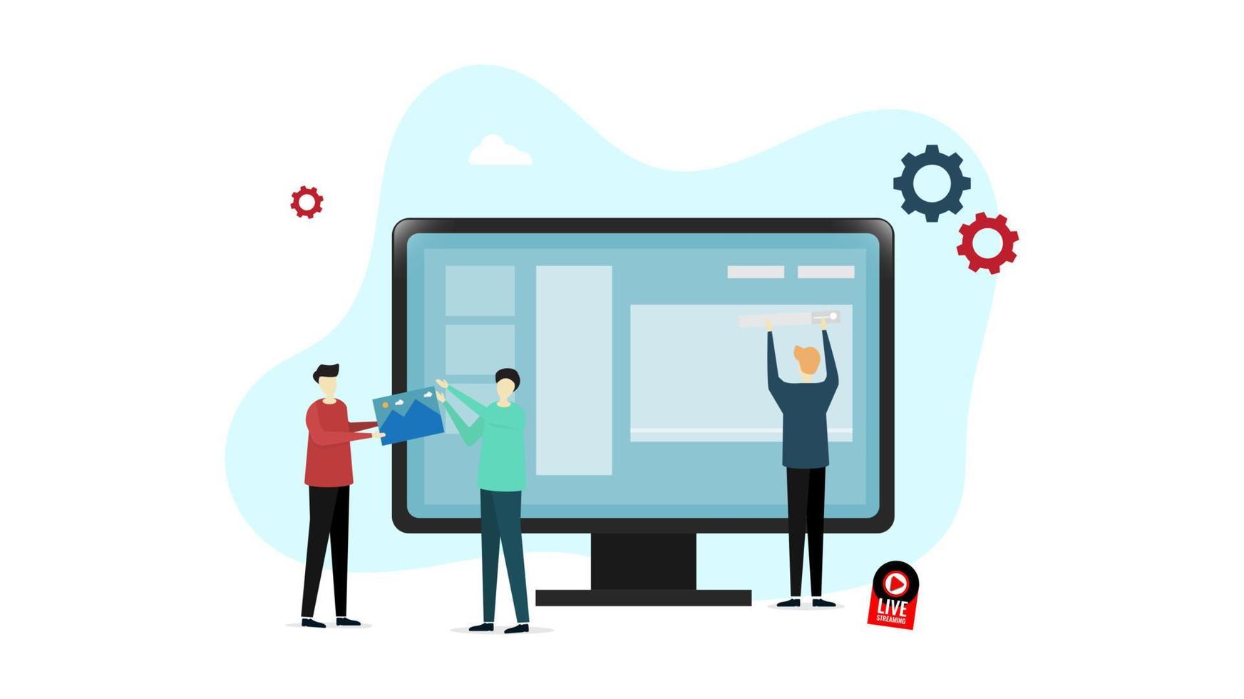 Teamwotk business concept illustration in flat style with laptop and smartphone vector
