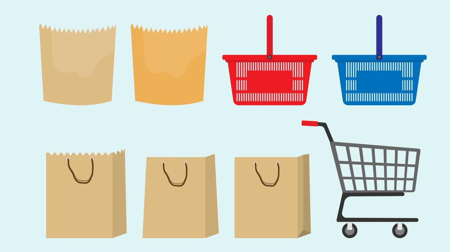 set of shopping cart trolley and paper bag vector