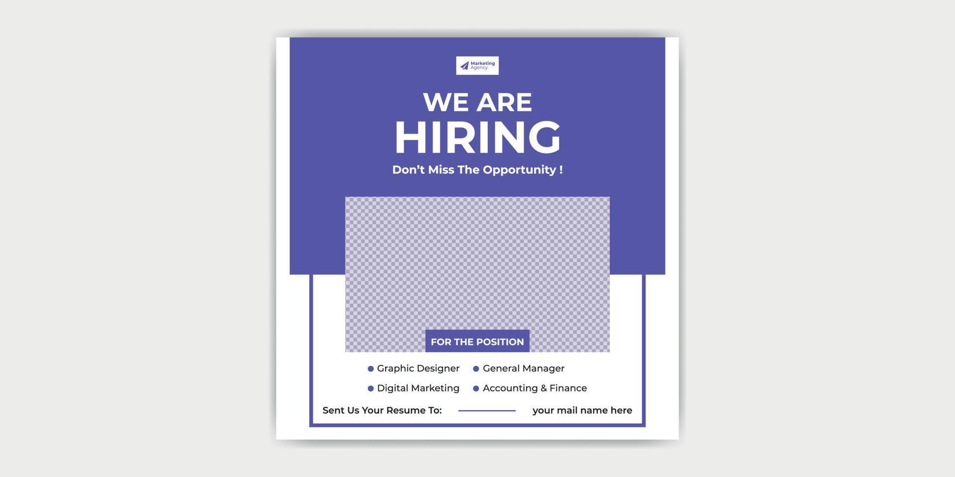 We Are Hiring job Position Square Banner or Social Media Post. Vacancy Banner Design Find a Job vector