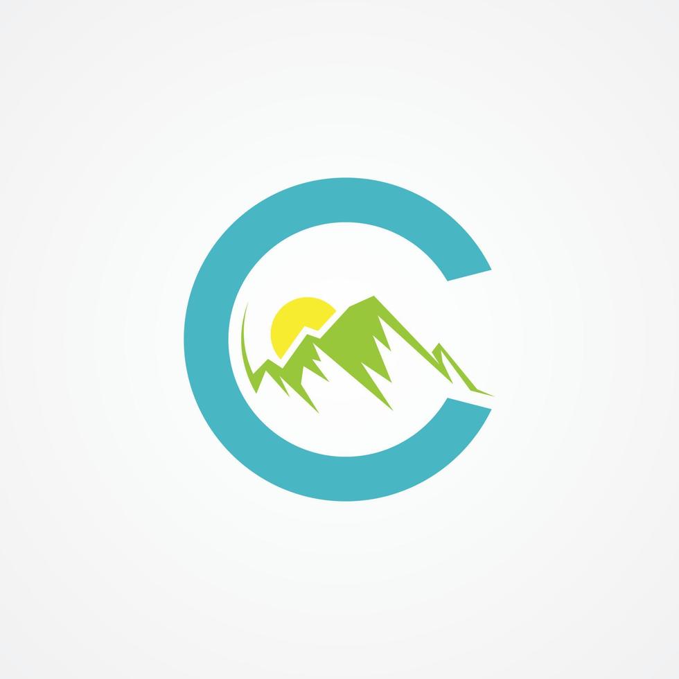 Letter C with mountain graphic in flat style with sun vector