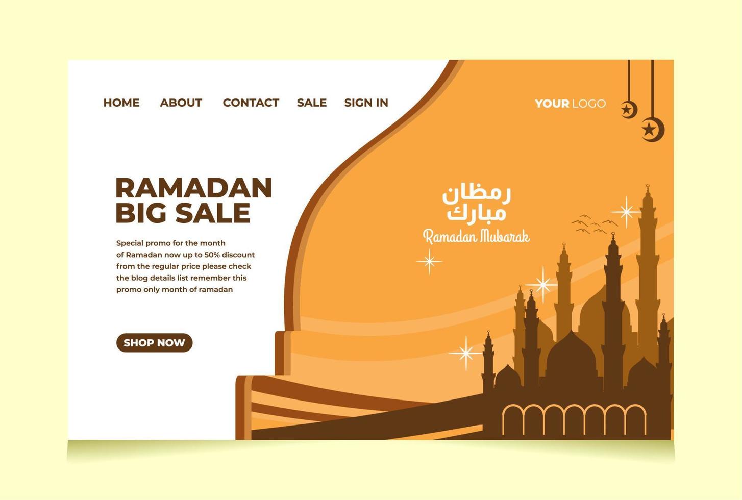 diseño de portada del sitio web de la página de destino plantilla de promoción de venta de ramadan mubarak vector