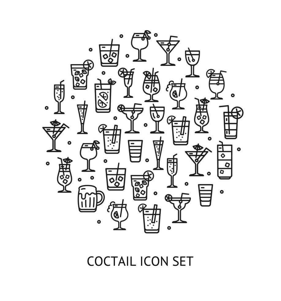 Alcohol Cocktail Round Design Template Black Thin Line Icon Banner. Vector