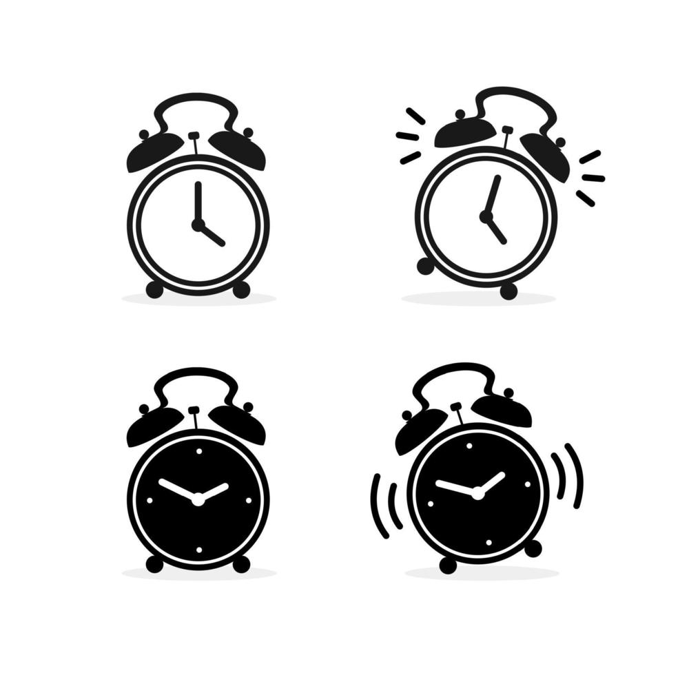 Cartoon Silhouette Black Alarm Clock Set. Vector