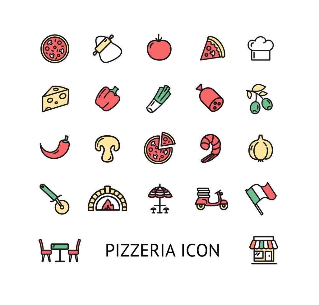 conjunto de iconos de línea fina de color de signo de pizza. vector