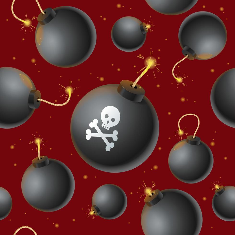 Realistic Detailed 3d Bomb Seamless Pattern Background on a Red. Vector