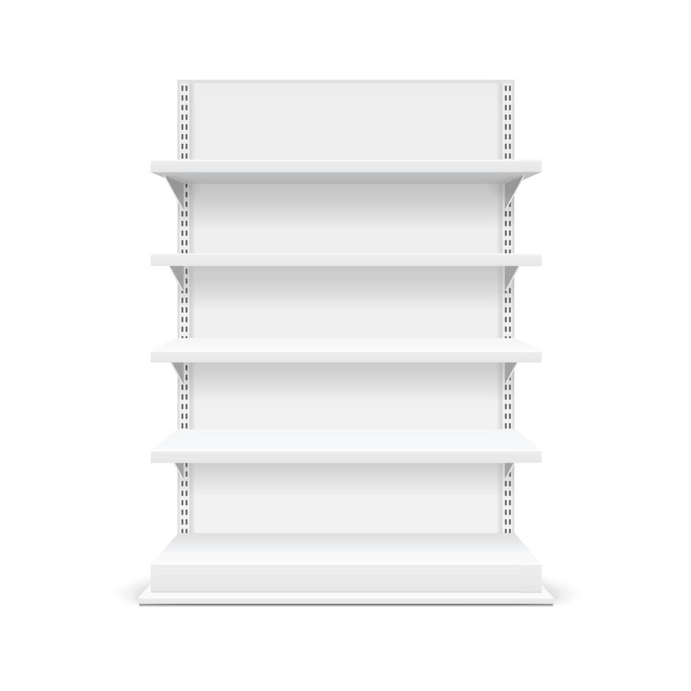 Realistic Detailed 3d White Blank Store Shelves Template Mockup. Vector