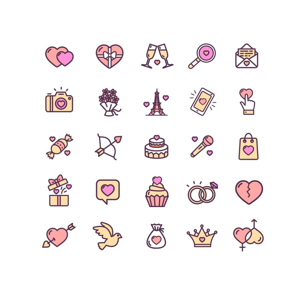 conjunto de iconos de línea delgada de color de signo de amor de San Valentín. vector