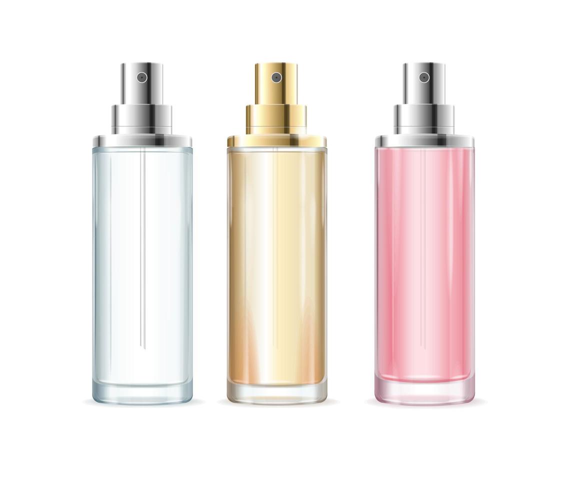 juego de botellas de perfume cosmético en blanco de color 3d detallado realista. vector