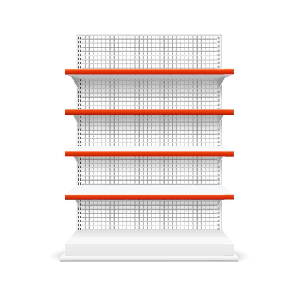 Realistic Detailed 3d White Blank Store Shelves Market Rack Template Mockup. Vector
