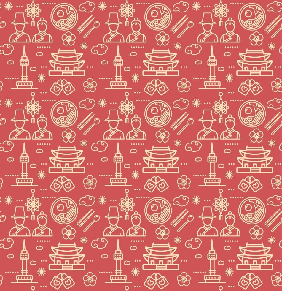 Korea Signs Seamless Pattern Background on a Red. Vector