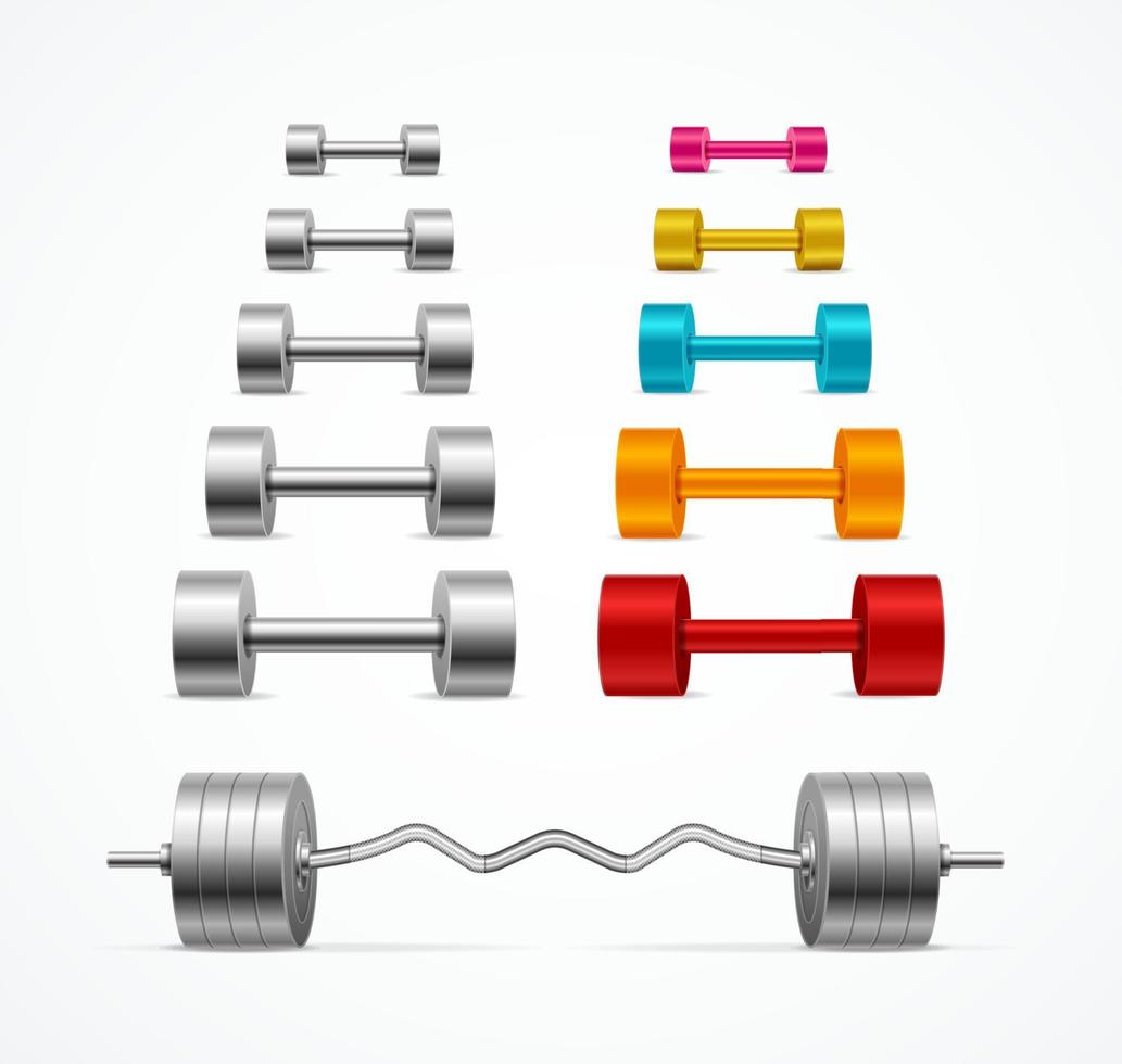 Realistic Detailed 3d Dumbbell and Barbell Set. Vector