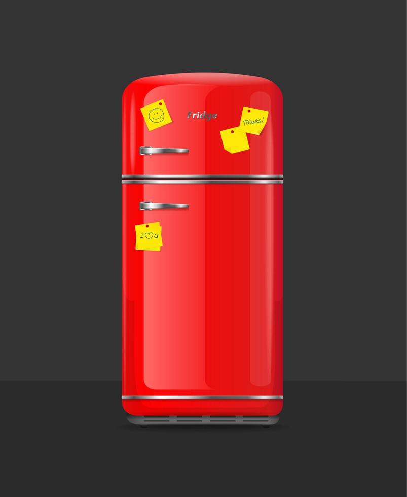 Refrigerador rojo vintage 3d detallado realista con nota adhesiva amarilla. vector