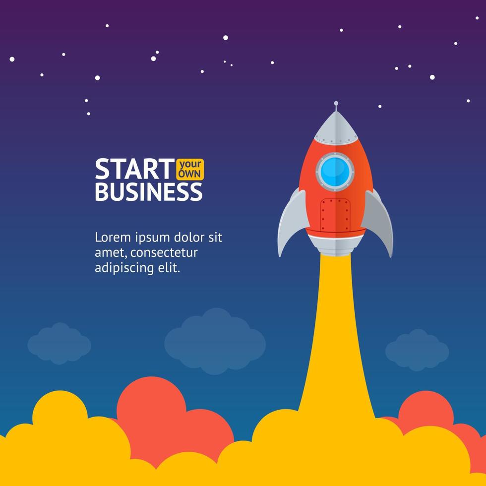 Rocket Ship Startup Concept Banner Flat Design Style. Vector