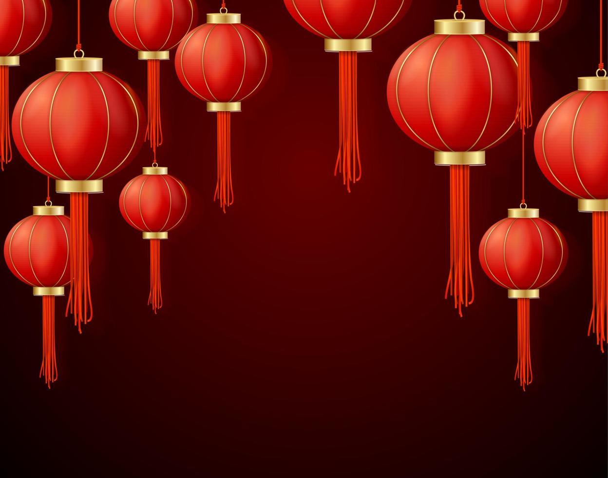 Realistic Detailed 3d Chinese Red Paper Lantern Background Card. Vector