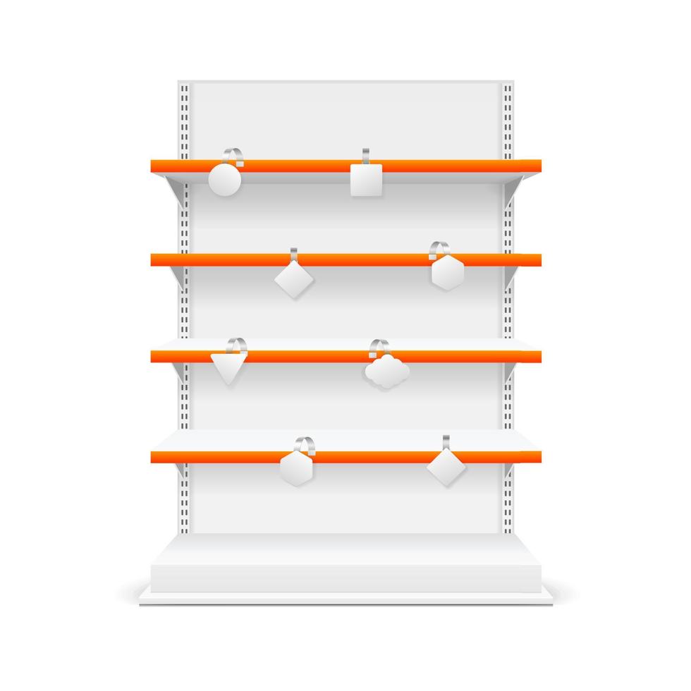 Realistic Detailed 3d White Blank Store Shelves Template Mockup. Vector