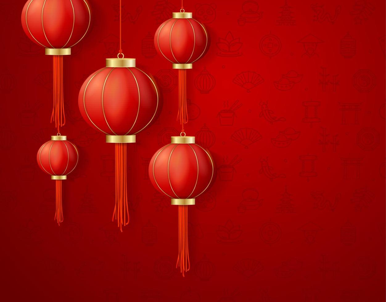 Realistic Detailed 3d Chinese Red Paper Lantern Background Card. Vector