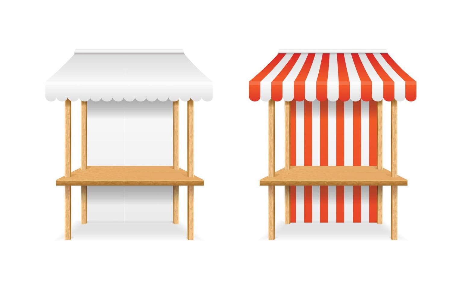 conjunto de maquetas de plantilla de puesto de mercado en blanco y rayado 3d detallado realista. vector
