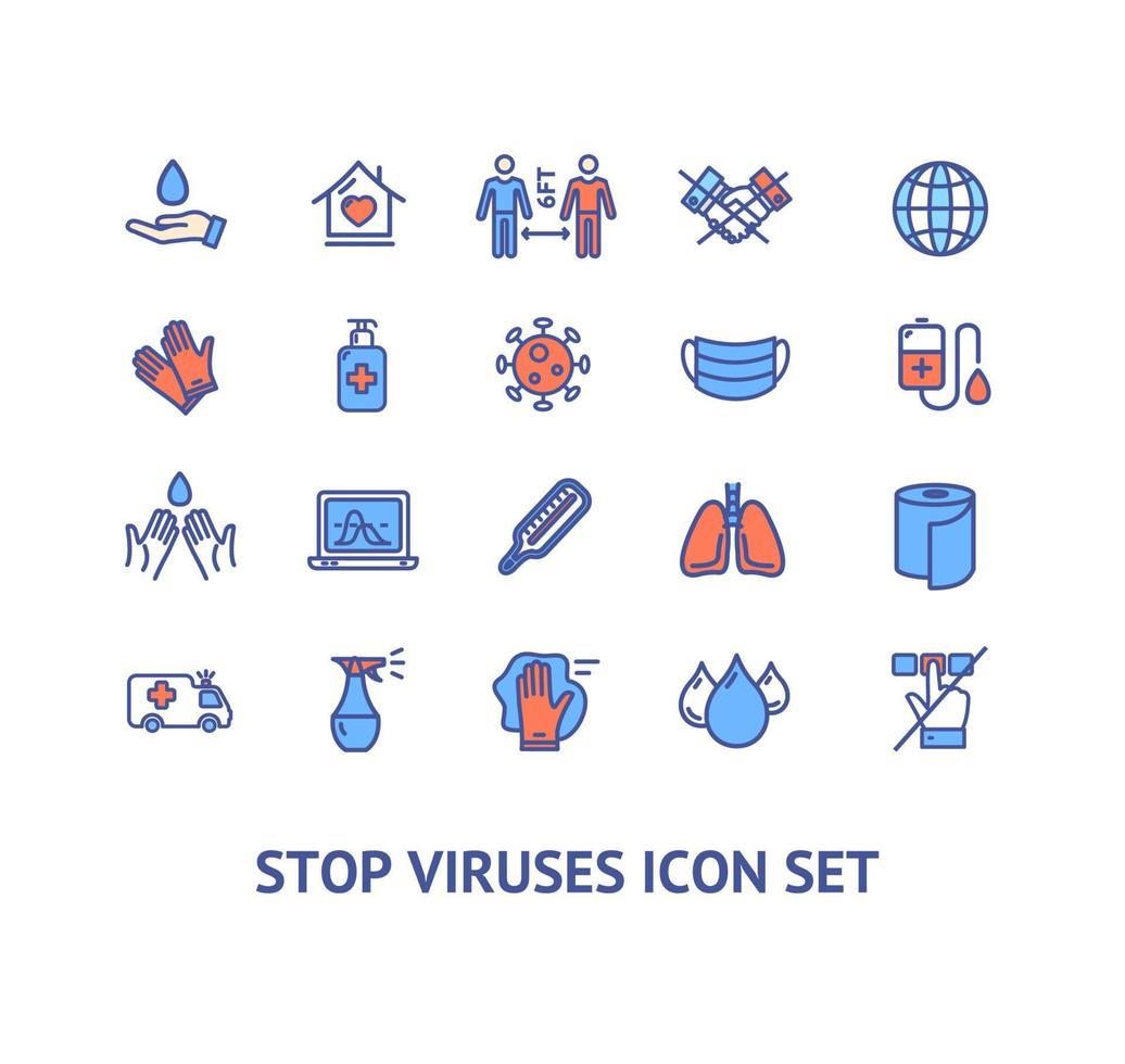 conjunto de iconos de línea delgada de color de signo de parada de virus. vector