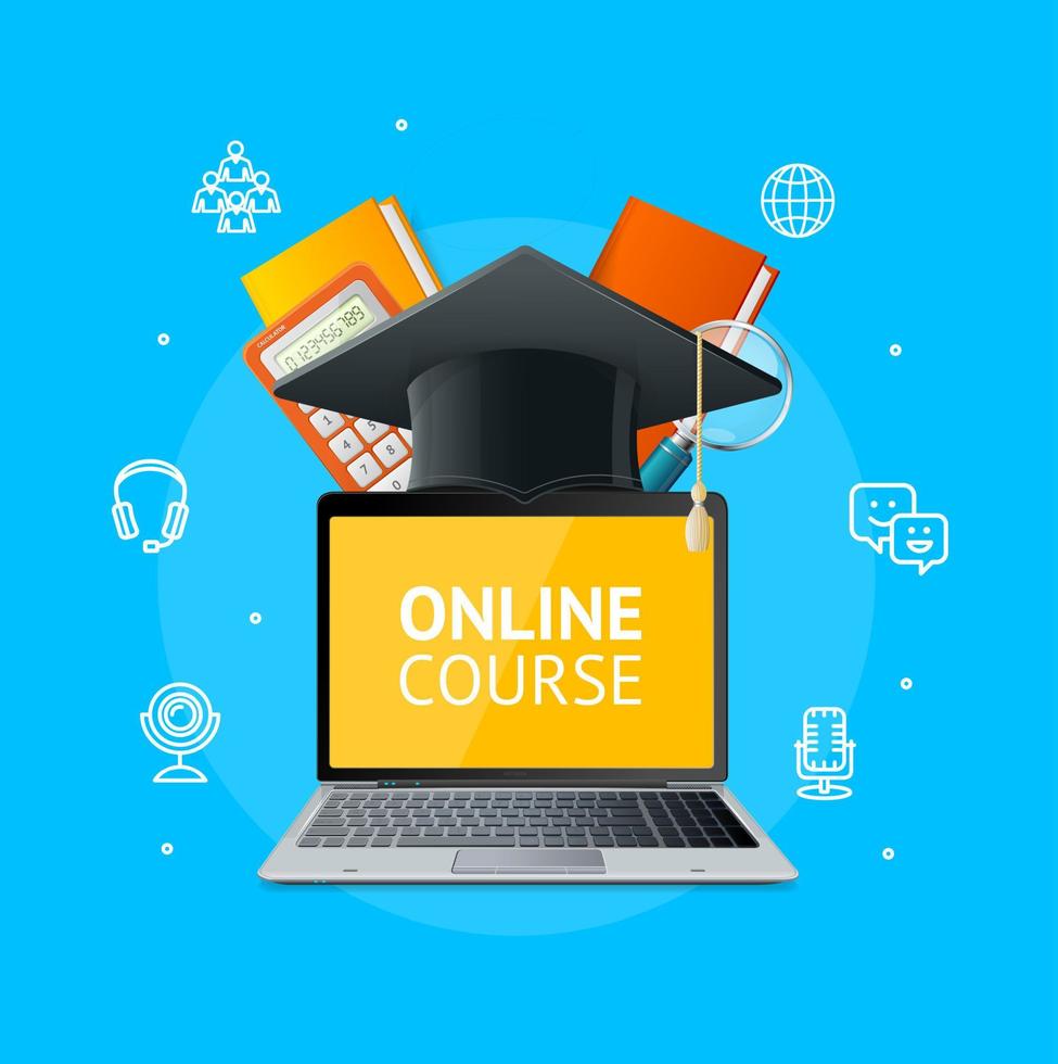 Online Course Education Concept with Realistic Detailed 3d Laptop. Vector