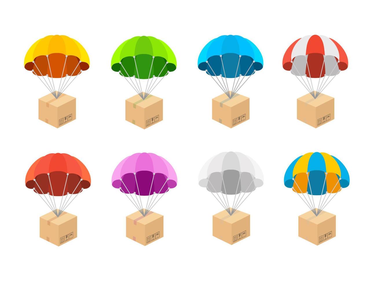 paracaídas de color de dibujos animados diferentes con conjunto de iconos de caja. vector