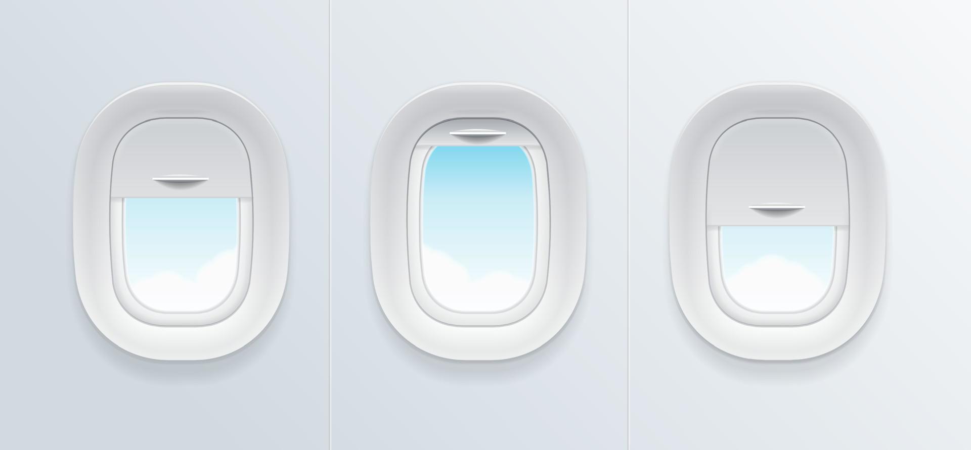 Realistic Detailed 3d Airplane Window with Blue Sky View Set. Vector