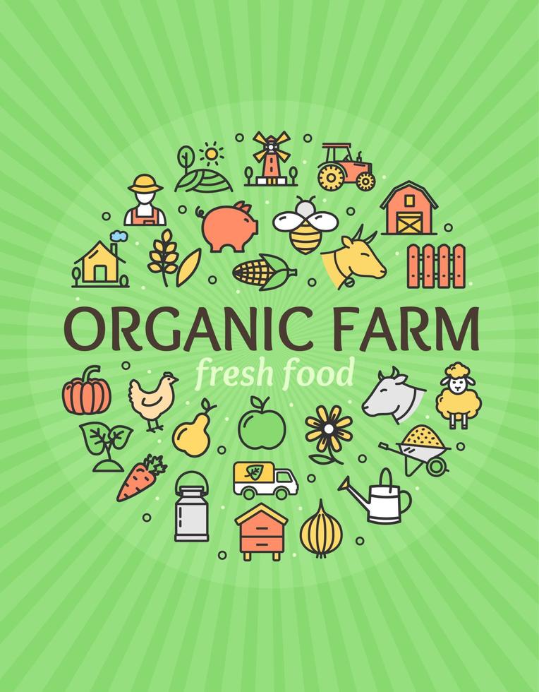 Organic Farm Signs Round Design Template Thin Line Icon Concept. Vector