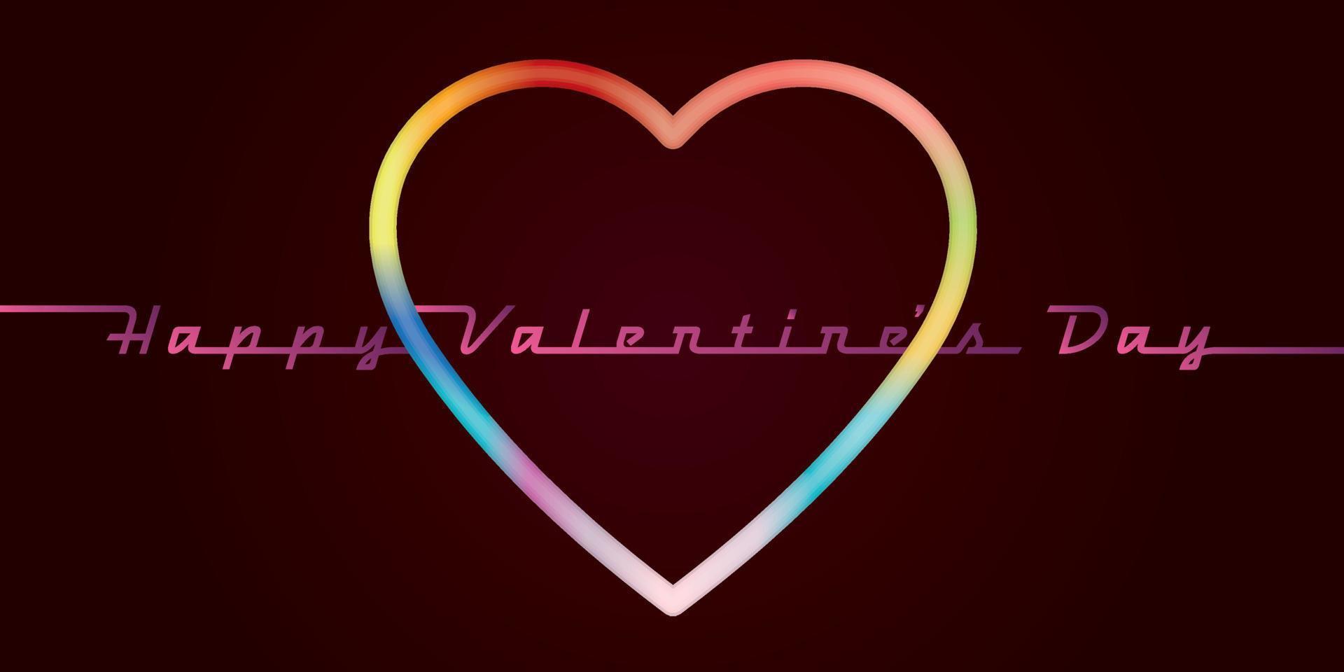 feliz día de san valentín caligrafía con marco de corazón de arco iris sobre fondo oscuro. vector
