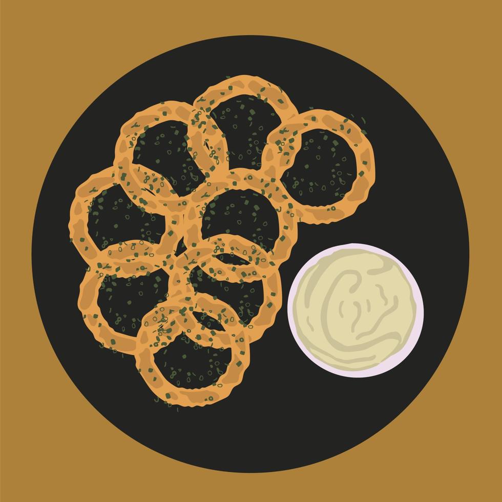 Food illustration cartoon, Homemade crunchy fried onion rings with tomato sauce. vector illustration for poster design