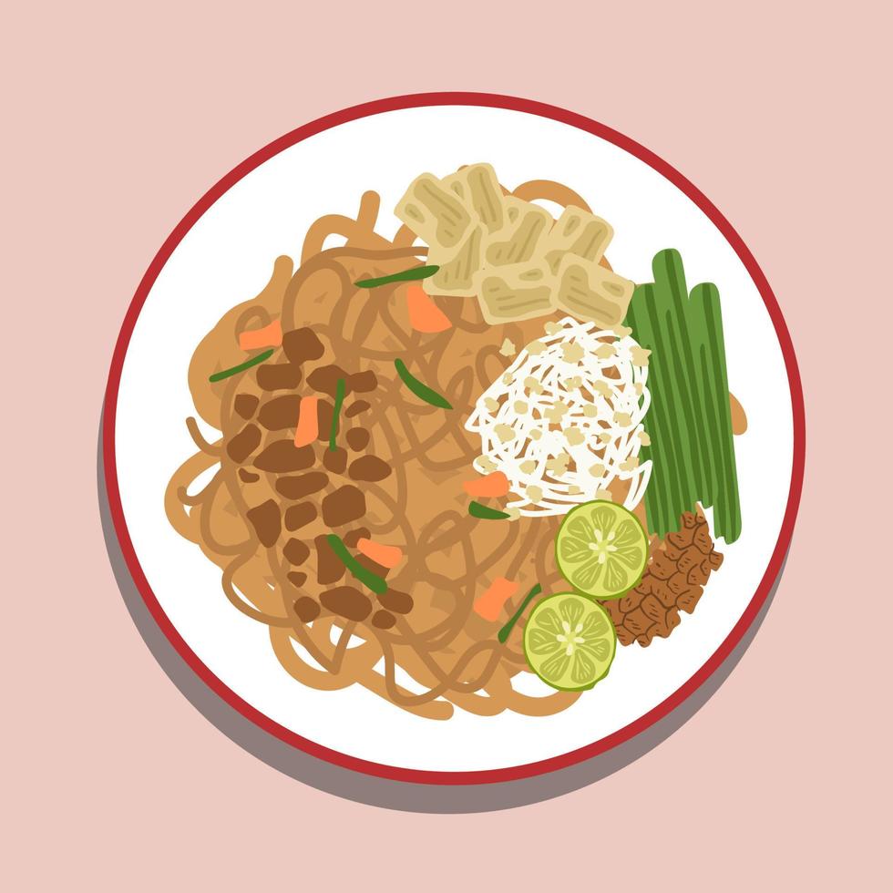 Food Illustration Cartoon, Noodles with Padthai sauce, Healthy Vegetarian menu, Padthai noodle with smoke tofu and mixed vegetable, chinese baby Bok Choy , garlic chive and crushed peanut topping. vector
