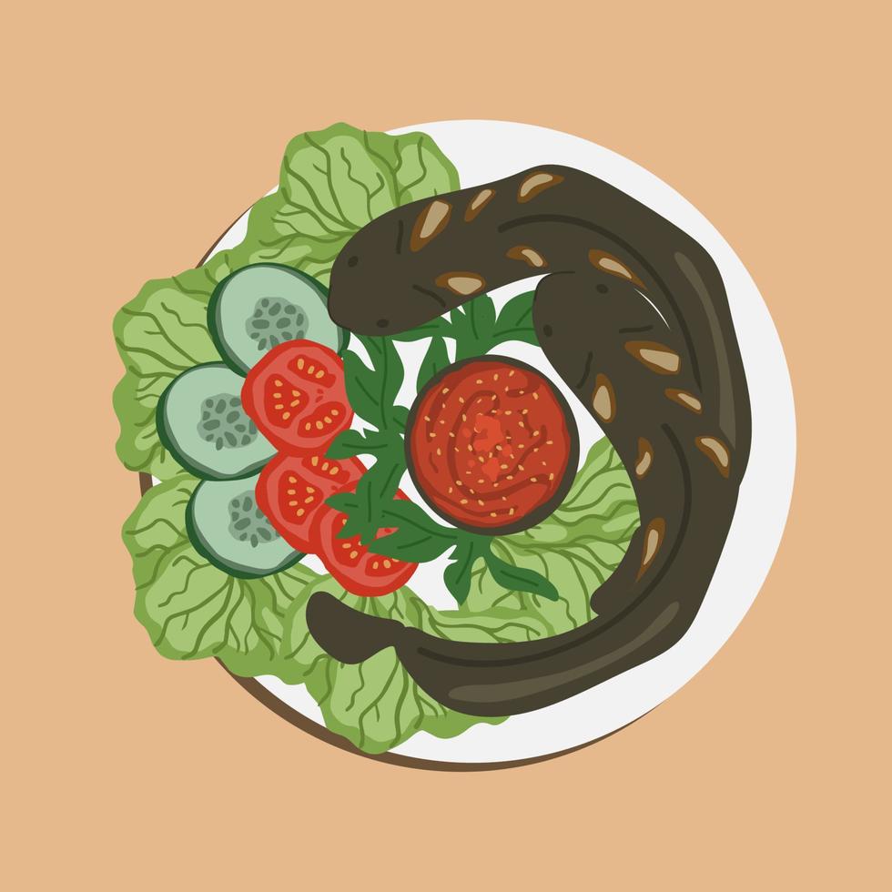 Lele Goreng or Fried Catfish is Traditional Indonesian Culinary Food. Catfish and Chilli Tomato Paste, Popular Street Food Called Pecel Lele Lamongan or Penyetan Lele. Food illustration fried catfish vector